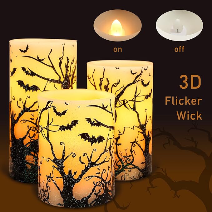 Halloween Decor Flameless Candles Set of 3 Black Spooky Bats Decal Flickering Candles Battery Operated with Remote Real Wax LED Pillar Candles for Halloween Party Horrible Theme Decor