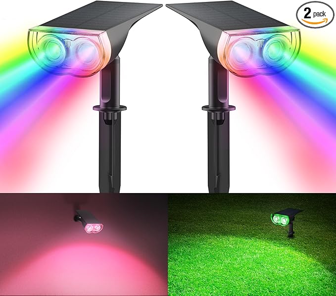 Consciot Solar Color Changing Outdoor Spotlights, 7 Lighting Modes Outside Solar Lights Waterproof IP67, Multicolor Christmas Decorations Landscape Lights for Pathway Patio Fence, Auto On/Off, 2 Pack
