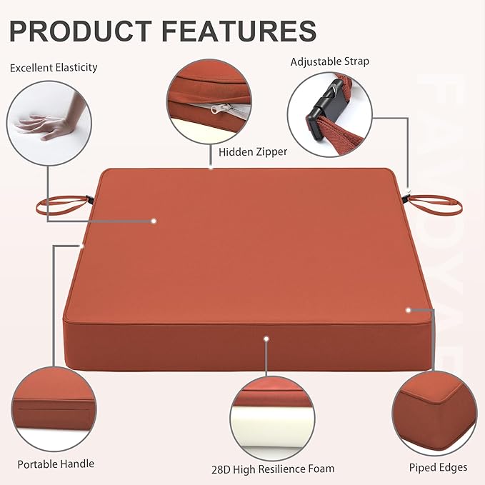 Favoyard Patio Chair Cushions 18.5 x 16 x 3 Inch Waterproof Outdoor Seat Cushions for Patio Furniture 3-Year Color Fastness Garden Sofa Couch Chair Pads with Handle & Adjustable Straps Set of 2, Spice