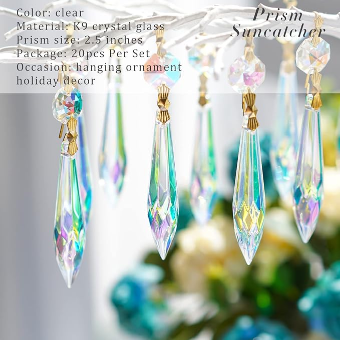 20pcs Large Colorful Crystal Prisms for Chandeliers Suncatchers, 63mm Crystal Icicle U-Drop Prisms Lamp Parts with Metal Bow Clips