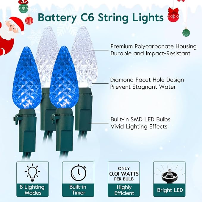 Brightown C6 LED Christmas String Lights - 2 Pack Each 20ft 60LED Battery Operated Strawberry String Lights with Timer and 8 Light Modes for Christmas Trees Wreaths, Indoor Xmas Decor, Blue and White