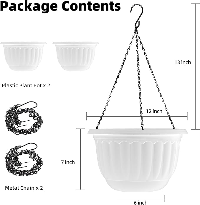 YIKUSH Planters for Outdoor Plants 2 Pack White Plant Pots with Drainage Hole and Absorbing Tray Hanging Planters for Indoor Plants (12 inch, 3 Hooks)
