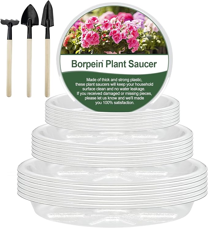 BORPEIN Plant Saucer (6,8,10inch, 18 Pack) Clear Plastic Plant Trays for Pots Indoors Outdoors,Thicker Flower Pot Saucers, Plant Plate to Catch Water