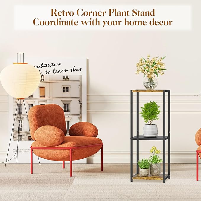 KMOTASUO 3 Tier Tall Plant Stands Indoor, 31 Inch Metal Wood Corner Plant Stand for Indoor Plants, Square Flower Pot Holder Shelf Display Rack for Balcony Garden Patio Living Room(Rustic Brown)