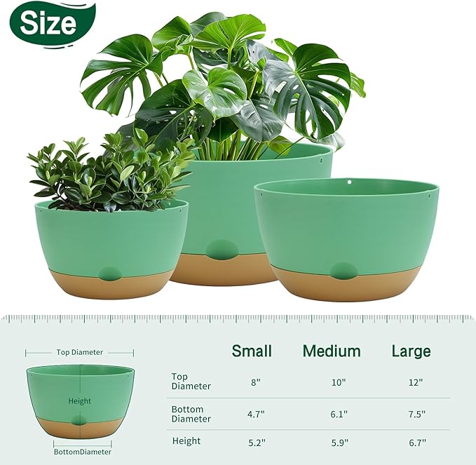 8/10/12 Inch Pots for Indoor Plants, Large Self Watering Planters with Drainage and Saucers, Plastic Outdoor Flower Pot, Set of 3, Green