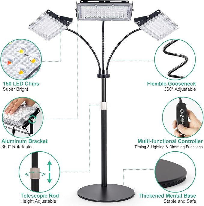 LBW Plant Grow Light, Full Spectrum Tri-Head Desk Plant Light for Indoor Plants, Growing Lamp with 3H/6H/12H Timer, 6-Level Brightness, 3 Lighting Modes, Height Adjustable, Ideal for Indoor Growth