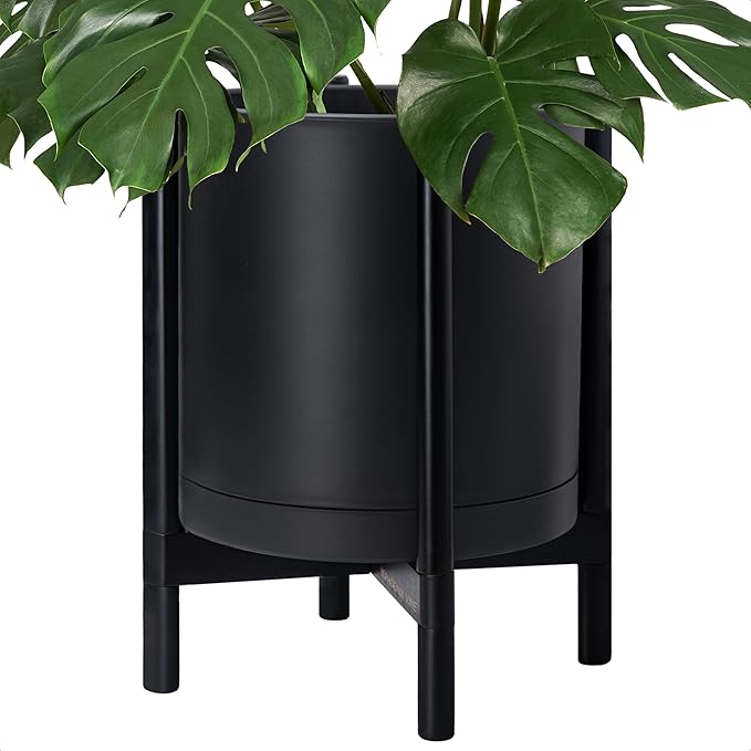 D'vine Dev Planter Pot with Stand - 16 Inch Plastic Cylinder Flower Pot with Wood Planter Holder for Indoor, Matte Black Pot + Ebony Stand, 55-C-Z-2