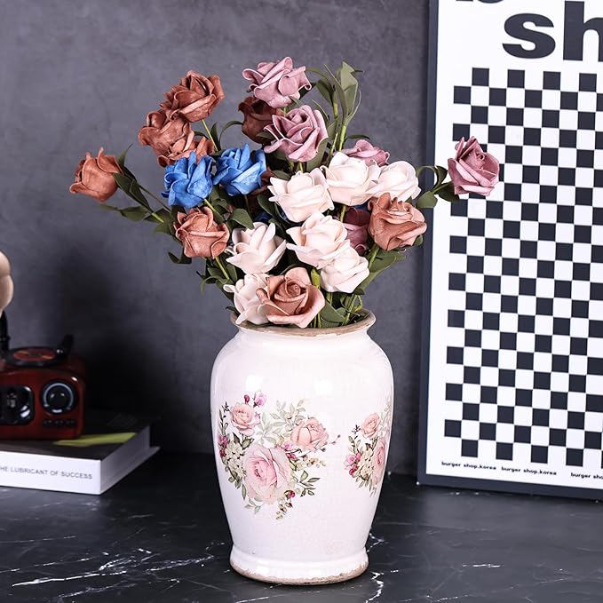 Vintage Vase for Flowers,Pink Chinoiserie Ceramic Vase,Rustic Farmhouse Cracked Vases,for Flower Arrangement,Living Room, Office, Shelf, Fireplace Tables,Centerpieces,Chinoiserie Pottery Decor(A)