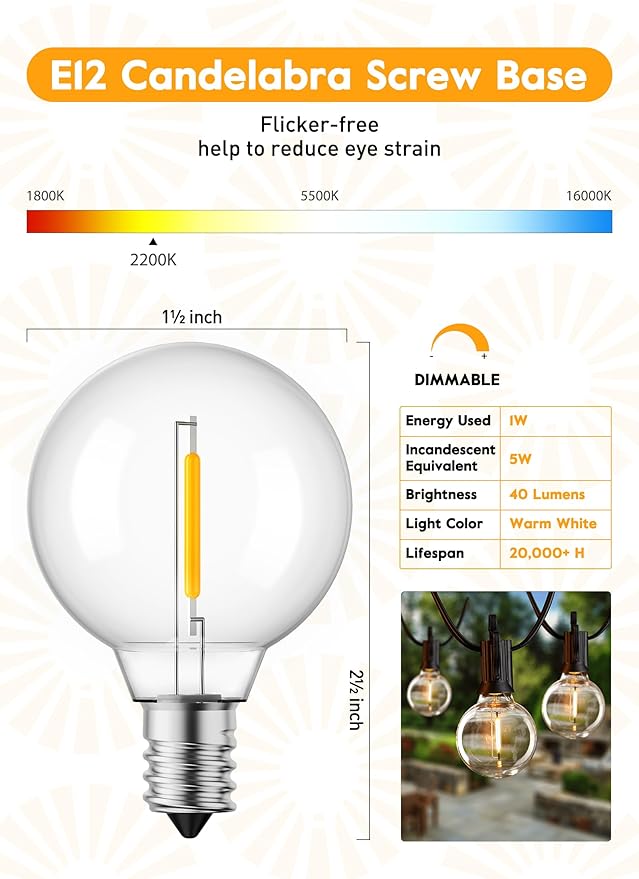 Brightown G40 Replacement LED Light Bulbs, 10 Pack Clear Globe Bulb fits E12 C7 Candelabra Screw Base Sockets, 1.5 Inch Dimmable Edison Light Bulbs for Indoor Outdoor Patio Decor, Warm White