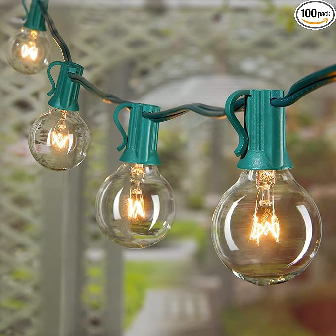Outdoor Patio String Lights 100Feet G40 Backyard Light with 104 5W Edison Clear Bulbs(4 Spare), UL Listed Waterproof Hanging Lights for Balcony Porch Bistro Party Decor, C7 E12 Socket, Green