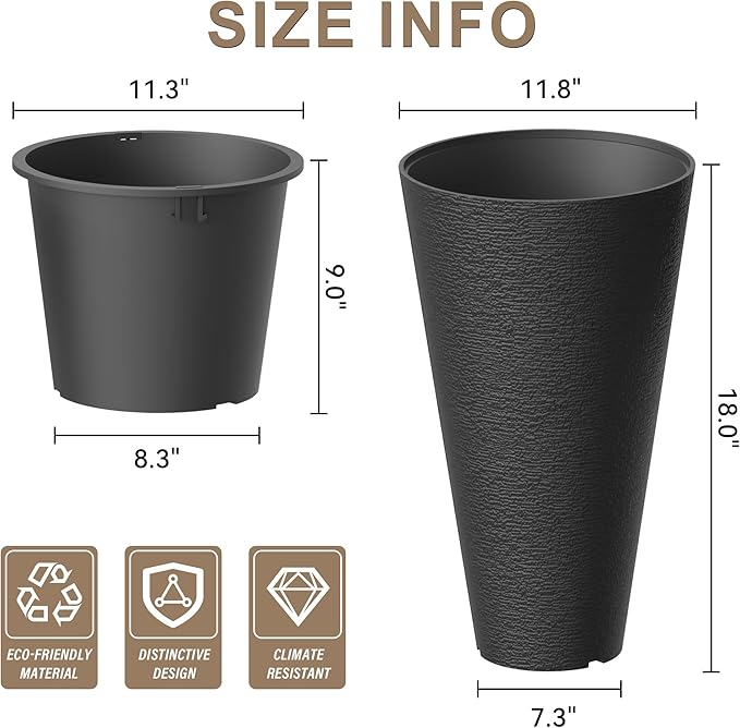 Kante Tall Round Planter Set of 2, 18" H Large Decorative Planter Pots for Outdoor Indoor Garden Patio Front Porch (Black)