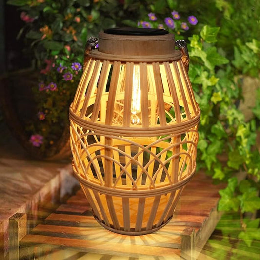 pearlstar Outdoor Solar Lanterns Light Rattan Natural Lantern with Handle for Hanging or Table Lamp for Patio Yard Garden Wedding Home Decoration, Edison Bulb, Auto on/Off (Style3)