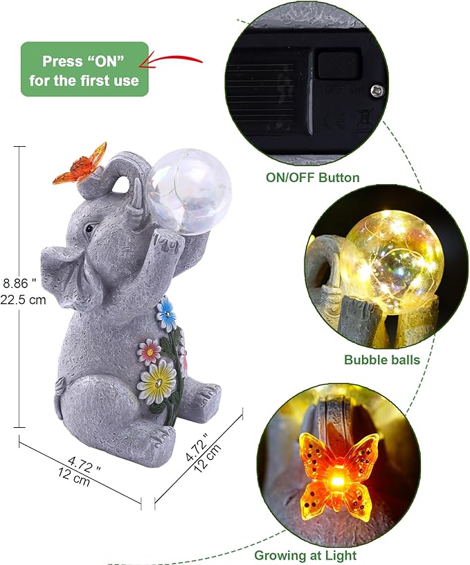Solar Funny Elephant Statue for Garden: Outdoor Sculptures with Ball Lights and Butterfly Clearance Lawn Ornaments Yard Porch Patio Balcony - Gifts for Mom Grandma