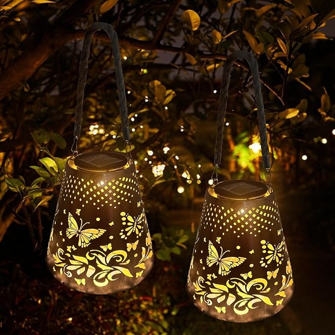 Hanging Solar Lanterns Outdoor Waterproof Butterfly Solar Lights Metal Outdoor Decor, LED Decorative Solar Garden Lights for Garden, Backyard, Tree, Porch(1 Pack)