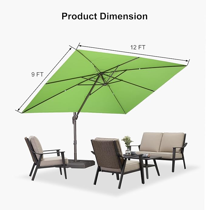PURPLE LEAF 9' X 11.5' Rectangle Cantilever Umbrella Patio Umbrella Outdoor Aluminum Offset Hanging Umbrella with 360-degree Rotation for Pool Garden Backyard Deck, Green