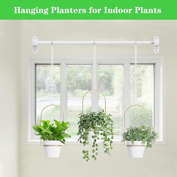 DOUBFIVSY Hanging Planters for Indoor Plants Plant Hanger, Adjustable Hanging Window Planter Hanging Wall Planter for Garden, 25in Plant Shelves Metal Holder Rod with Pots (White)