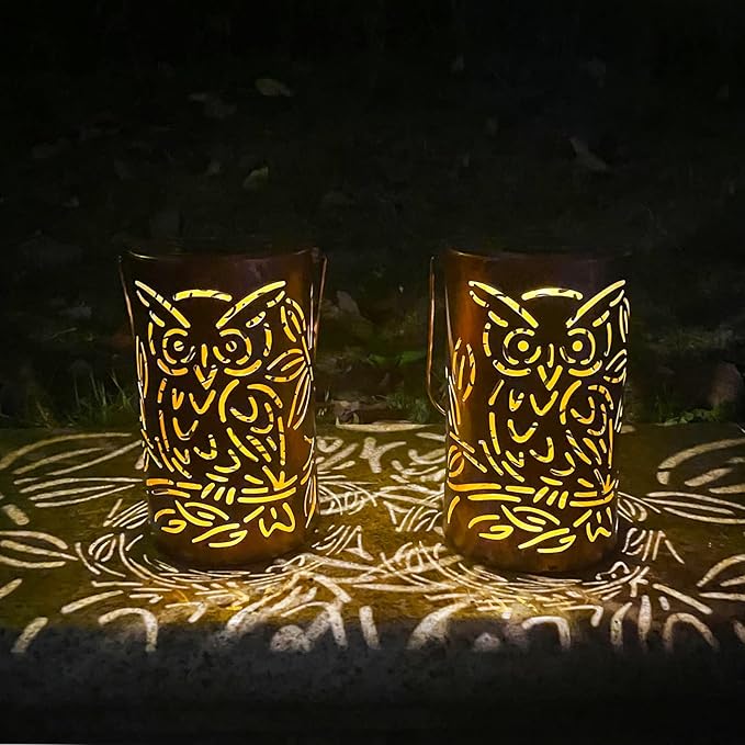 Outdoor Solar Lanterns ,Owls Projection Patterned Outdoor Lanterns with Handles LED Solar Light Outdoor Waterproof Garden Lights for Garden，Yard, Table, Pathway(2 /Bronze)
