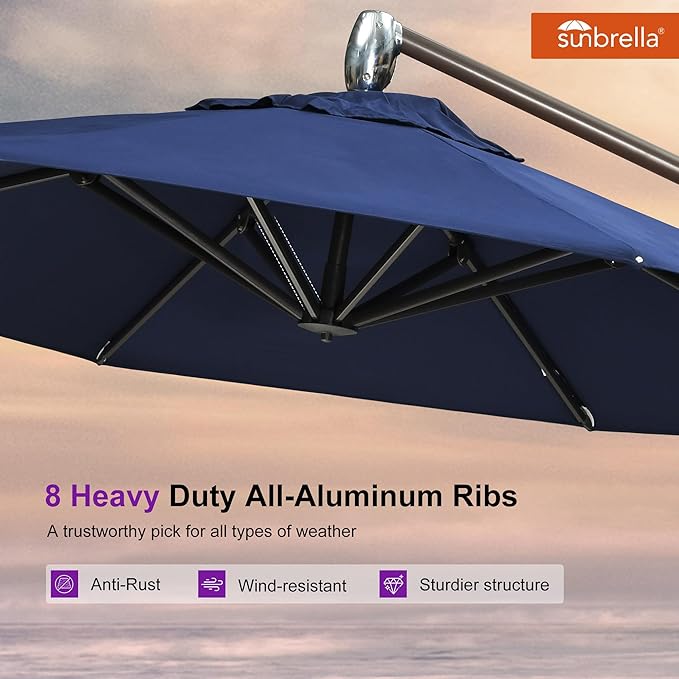 PURPLE LEAF 10FT Cantilever Patio Umbrella with 360-degree Rotation Aluminum Round Outdoor Offset Handing Umbrella for Patio Pool, Spectrum Indigo
