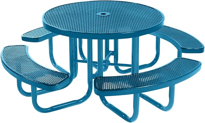Heavy-Duty Portable Outdoor Picnic Table with Umbrella Hole, Punched Steel Commercial-Grade Patio Furniture Made in America (46" Round Top, Light Blue with Light Blue Frames)