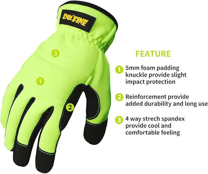 DULFINE High Performance Work Gloves For Men(3 Pairs Pack),Hi-Vis Yellow Color,High Dexterity Touch Screen For Multipurpose,Excellent Grip (XX-Large)