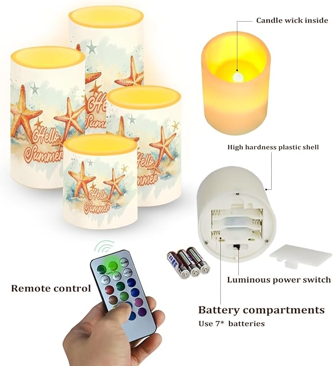 Flameless LED Candles Electric Candles with Remote Timer Control Color Changing Long Lasting Tealights Fake Candles Set of 4, Beach Themed Home Decoration, Starfish Hello Summer