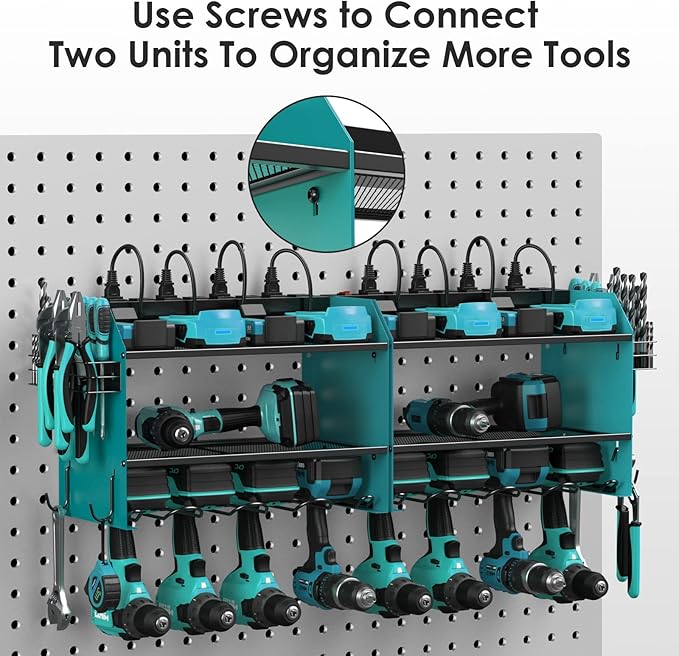 CCCEI Set Power Tool Organizer Wall Mount with Charging Station. Garage 4 Drill Storage Shelf with Hooks, Heavy Duty Metal Tool Battery Charger Organizer. Shop Utility Rack with Power Strip Navy Blue.