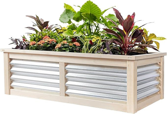 Wood Raised Garden Bed Outdoor Plant Box Planters for Outdoor 4X2X1.2 FT Plants with Galvanized Metal for Herbs Vegetables Flowers Great Patio Deck Balcony