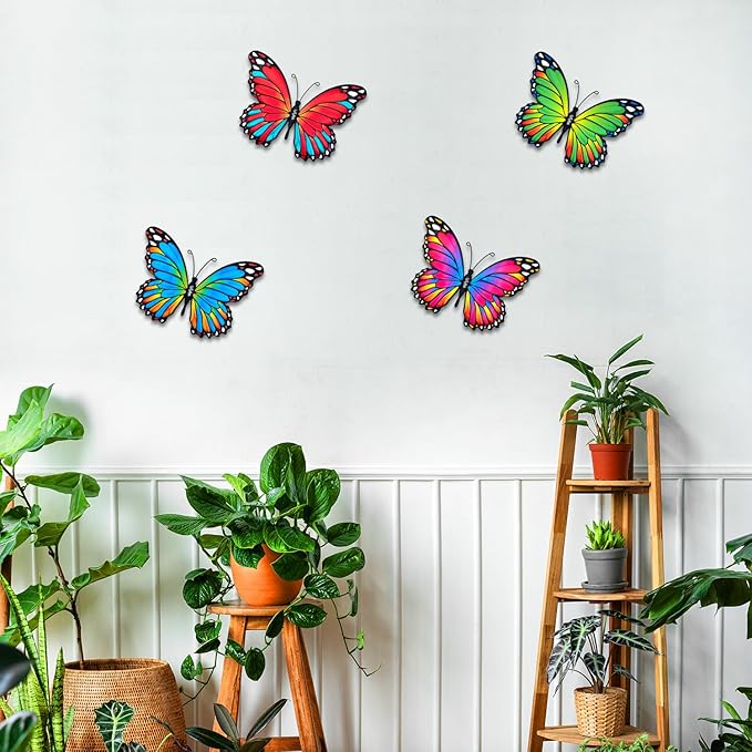 Oraytteo 4 Pack Metal Butterfly Wall Decor, Butterflies Wall Art Hanging Sculptures for Outdoor, Fence Patio Yard Tree Garden Home Decorations, Housewarming Gift