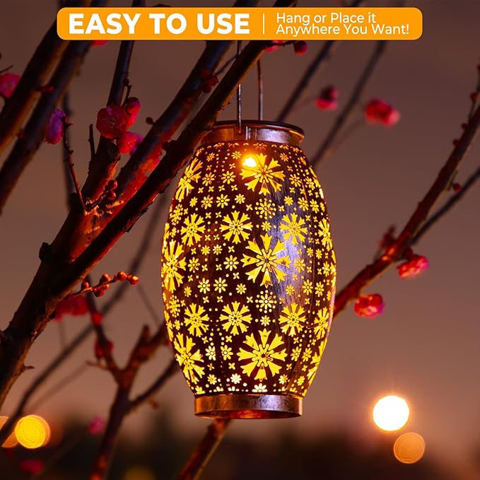 Solar Lanterns Outdoor Waterproof - 2 Pack Hanging Solar Lights Outdoor, Halloween Decorative Retro Metal Lanterns with Handles for Yard, Patio, Tabletop, Pathway, Gardening Gifts for Women Men