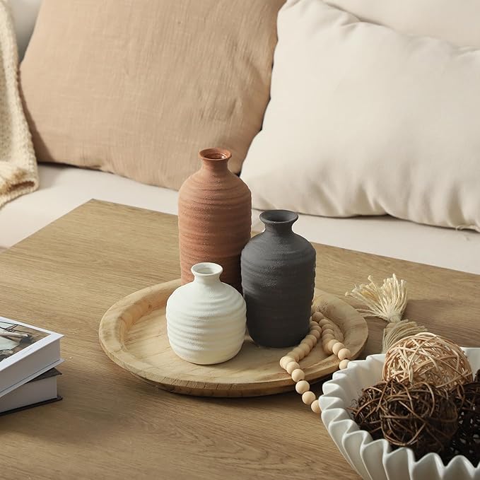 Ceramic Vase Set of 3 Neutral Decorative Vase for Farmhouse, Boho, or Rustic Home Decor Pottery Vases for Pampas Grass Living Room Bedroom Table Mantel Entryway Shelf (01-Brown)