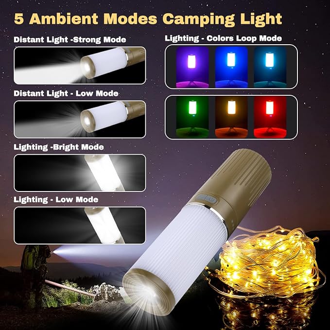 Camping Lantern with 49.2FT String, 2 in 1 Outdoor Warm White String Lights with 4 Modes & 5 Modes Rechargeable Camping Lamp IPX4 Waterproof Portable LED Tent Light for Outdoor Yard Garden Decoration