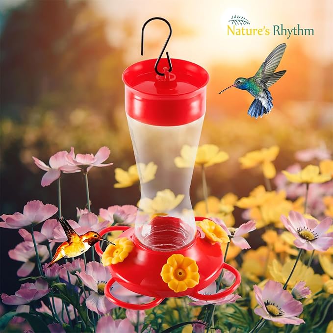 Nature's Rhythm Bird Feeder 4 bee Guard Plastic Yellow Flowers Feeding Port 8oz Glass Pinch Waist Hummingbird Feeder (2Pcs)