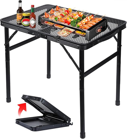 Folding Grill Table Metal Portable Camping Table with Mesh Desktop Lightweight & Foldable Height Adjustable Black Picnic Table for RV, BBQ Outside Inside