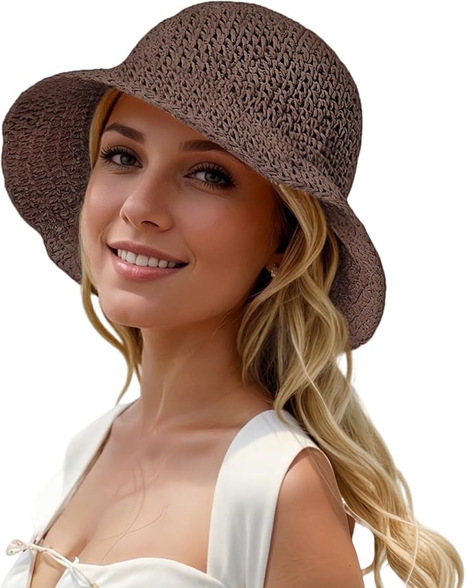 Womens Straw Beach Sun Hats, Foldable Packable Floppy Handmade Crochet Hats for Women,Large Summer Vacation Wide Brim Hat