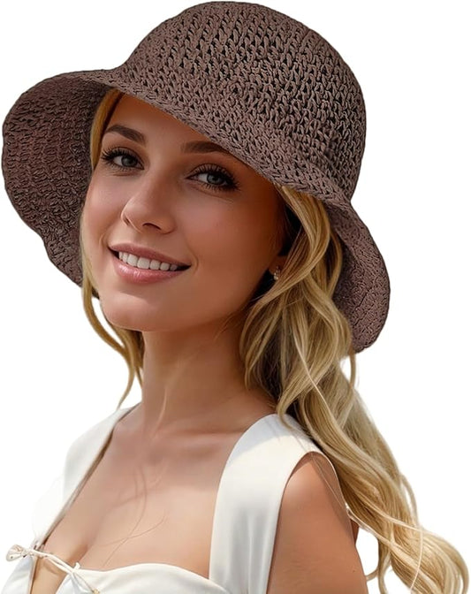 Womens Straw Beach Sun Hats, Foldable Packable Floppy Handmade Crochet Hats for Women,Large Summer Vacation Wide Brim Hat