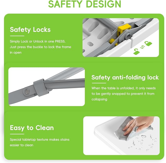 HLPB Folding Table Picnic Table Set, 6 ft Camping Table with 2 Benches, Outdoor Indoor Portable Folding Furniture for Working Meeting Party, Camping, Picnic, Weddings w/Handle and Safety Locks, White