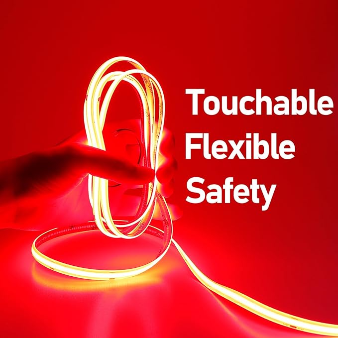 DC 24V COB LED Strip Light Red IP65 Waterproof 5M/16.4ft Uniform Glow 2400LEDs Flexible LED Tape Lights for DIY Garden Backyard Hallways Stairs Decor(No Power Supply)
