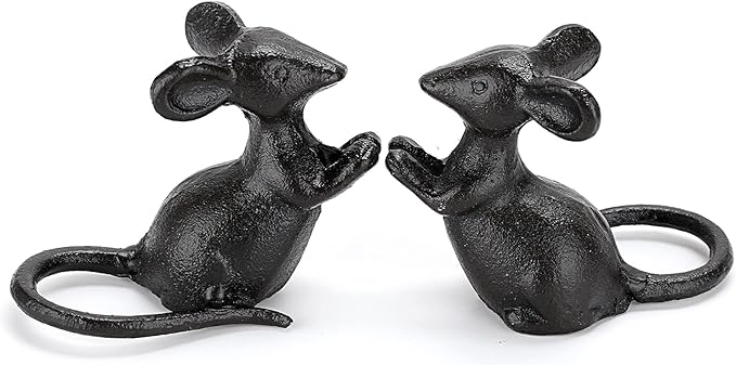 OwnMy 2 Cast Iron Cute Mouse Figurine Sculpture Black Mice Statues Carved Desktop Ornaments Figurines, Decorative Creative Animal Figurine Indoor Outdoor Statues for Garden Patio Yard Home Decoration