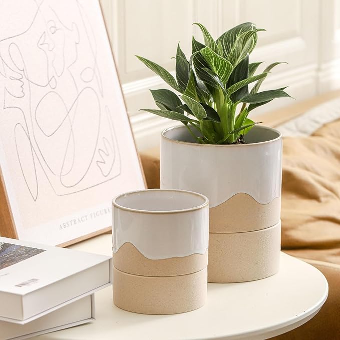 Nihow Self Watering Plant Pot for Indoor Plants: 4.5+6 Inch Ceramic Planter with Drainage Hole & Water Storage Plus - Cylinder Flower Pot with Wick for Herbs -White & Nature