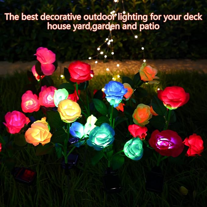 ANGMLN 4 Pack Solar Garden Lights, Solar Flower Lights Outdoor Waterproof with 20 Head Rose 7-Color Changing Landscape Light for Garden Yard Pathway Patio Grave Cemetery Decoration