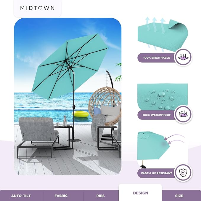 Midtown Umbrellas Sunbrella Umbrella 8 Feet Outdoor Umbrella With Sunbrella Aruba Acrylic Fabric - Auto-Tilt Aluminum Frame Patio Umbrella For Backyard, Deck, Garden, Pool - Black Pole
