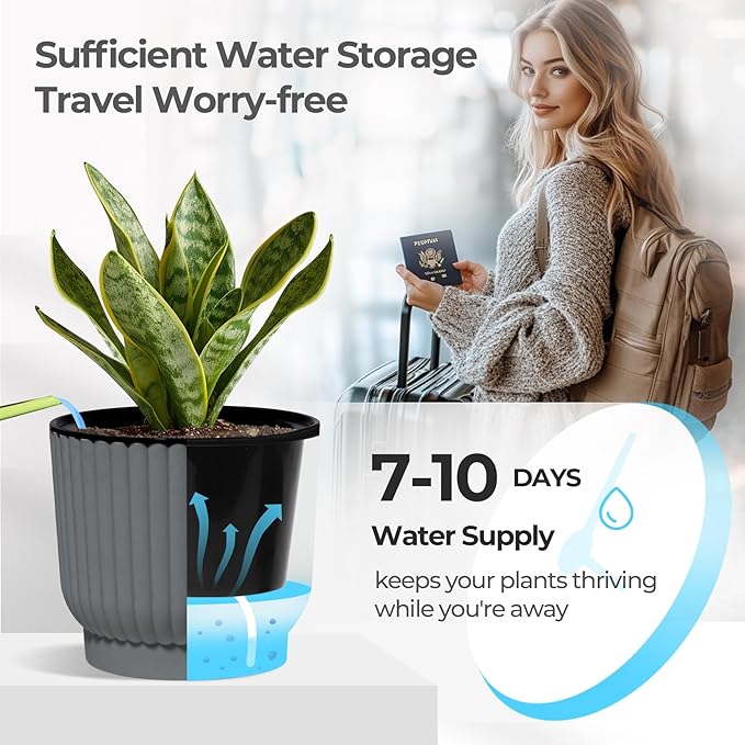 T4U 7 Inch Self Watering Pots for Indoor Plants, 4 Pack Gray Plastic Flower Pots for All House Plants, Flowers, African Violets