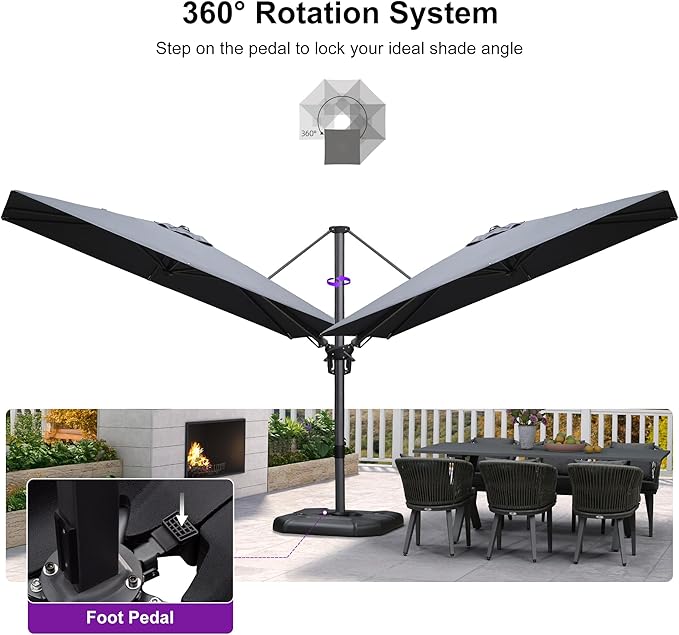 PURPLE LEAF 6.5' X 10' Right-left Tilt Patio Umbrella with Base Outdoor Cantilever Swivel Rectangle Umbrella Aluminum Offset Umbrella with 360-degree Rotation for Garden Deck Pool Patio Grey