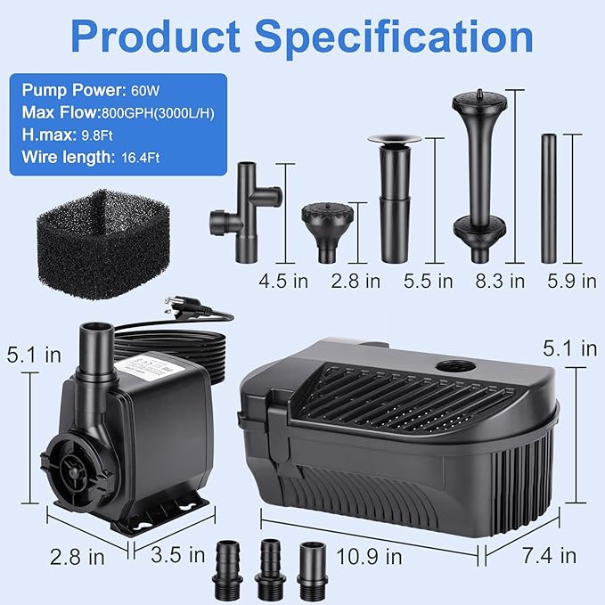Pond Filter with Pump Kits, 800GPH Pond Filter with 60W Pond Pump & Fountain Kit, Pond Filter Suitable for Outdoor Ponds Clean, Garden, Fountain(Corded Electric)