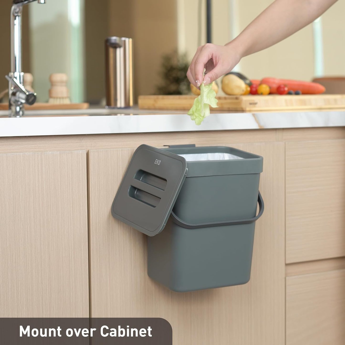EKO Puro Mini Wall-Mounted Kitchen Trash Can with Lid Food Waste Caddy, 0.79 Gal / 3L (Grey)