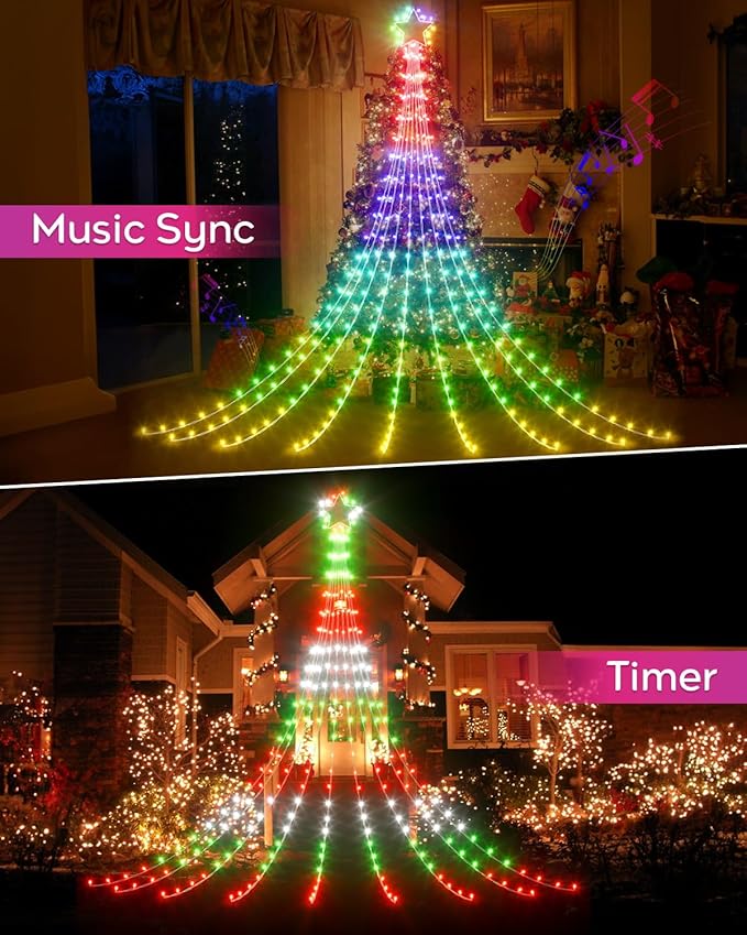 23FT Outdoor Decorations Waterfall String Lights for Valentines, Smart Romantic RGB Led Star Tree Lights DIY Preset Scenes App Remote Control Large Unique Yard Lights for Outside Patio Home
