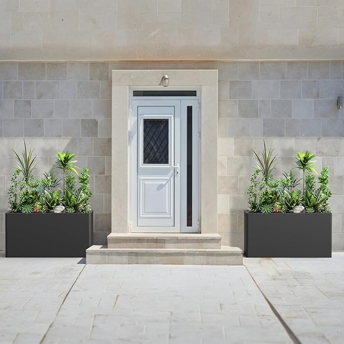 Outdoor Metal Planter Box - Rectangular Trough, All-Weather Durable with 4 Drainage Holes, 25x11x13 Inches for Porch & Patio, Black