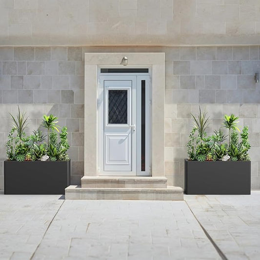 Outdoor Metal Planter Box - Rectangular Trough, All-Weather Durable with 4 Drainage Holes, 25x11x13 Inches for Porch & Patio, Black