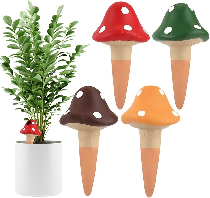 Kalolary 4Pcs Plant Watering Globes, Self Watering Spikes Terracotta Drip Water Stakes Irrigation Watering Bulbs for Pot, Indoor, Outdoor, Vacation (Mushroom)