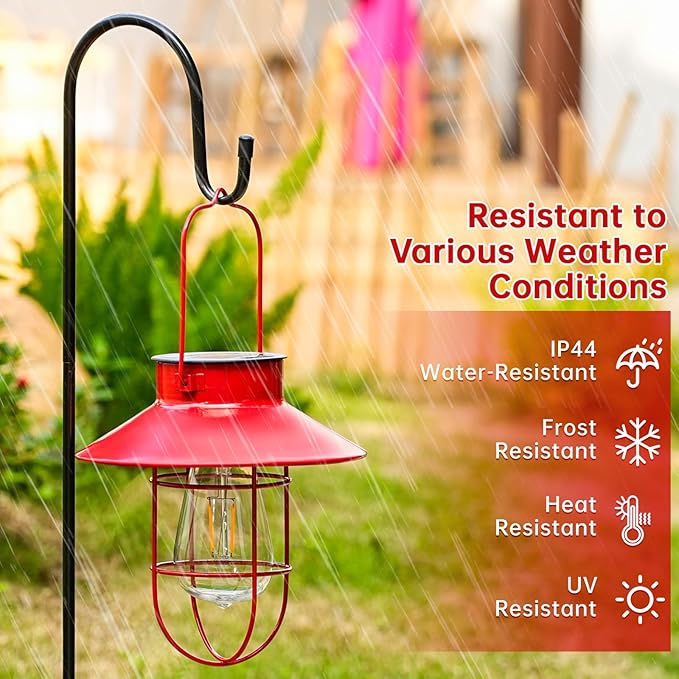 Solar Lantern with Shepherd Hook, Solar Lights Lantern lamp, Outdoor Lights Decor, Water Resistant Edison Bulb Lights for Garden Decor ,Outside Decor for Pathways,Patio, Lawn or Yard (Red，2 Pack)
